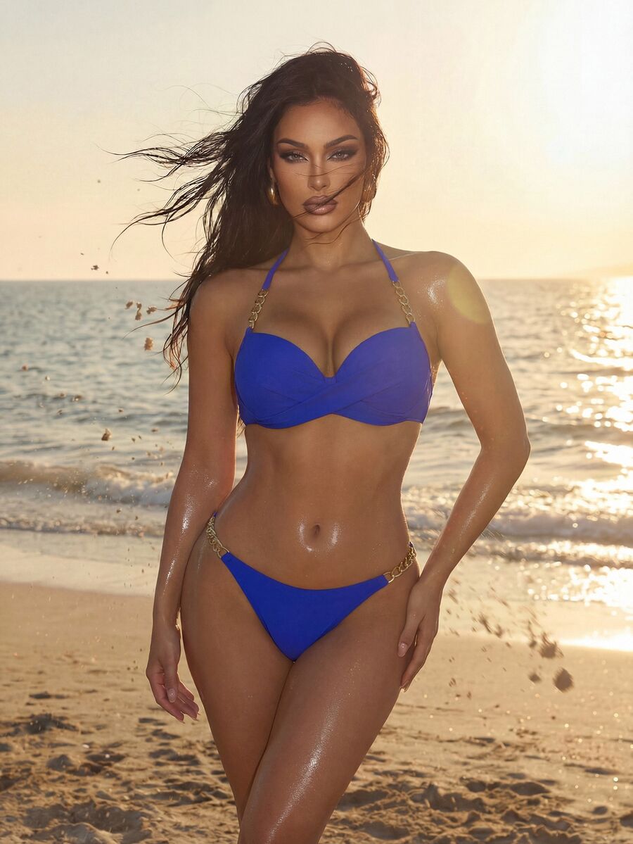 Swim SXY Women's Summer Beach Solid Color Crossed Halter Strap Sexy Bikini Set, Underwire