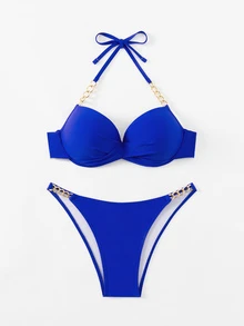Swim SXY Women's Summer Beach Solid Color Crossed Halter Strap Sexy Bikini Set, Underwire - Royal Blue - View 8
