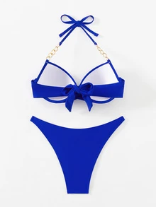 Swim SXY Women's Summer Beach Solid Color Crossed Halter Strap Sexy Bikini Set, Underwire - Royal Blue - View 9