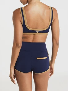 11SKNDS High Waist Booty Shorts With Contrast Gold Trim Piping And Back Pocket, Compression Fit Mini Short With Sweat-Wicking, Stretchy, Quick-Dry, Tummy Control & Sculpting, For Gym Workout Fitness Pilates Studio Festival, Running, Training & Hy-Rox - Blue - View 4