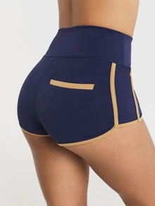 11SKNDS High Waist Booty Shorts With Contrast Gold Trim Piping And Back Pocket, Compression Fit Mini Short With Sweat-Wicking, Stretchy, Quick-Dry, Tummy Control & Sculpting, For Gym Workout Fitness Pilates Studio Festival, Running, Training & Hy-Rox - Blue - View 3
