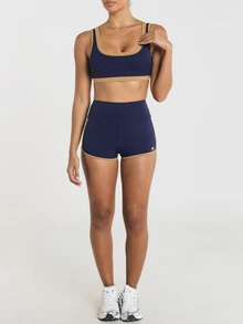 11SKNDS High Waist Booty Shorts With Contrast Gold Trim Piping And Back Pocket, Compression Fit Mini Short With Sweat-Wicking, Stretchy, Quick-Dry, Tummy Control & Sculpting, For Gym Workout Fitness Pilates Studio Festival, Running, Training & Hy-Rox - Blue - View 6