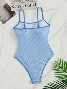 SHEIN Swim 夏季新款歐美風性感連身比基尼泳衣套裝，藍白條紋紋理布料，對比色細邊飾，高衩三角褲底，聚攏小胸，雙肩帶，甜美清新顯瘦連身泳衣，適合女性與女孩，溫泉海灘度假生日派對 - 藍色 - 查看 2