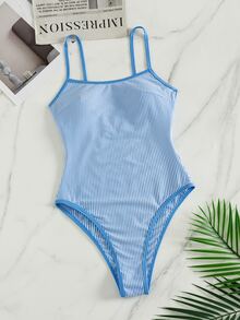 SHEIN Swim 夏季新款歐美風性感連身比基尼泳衣套裝，藍白條紋紋理布料，對比色細邊飾，高衩三角褲底，聚攏小胸，雙肩帶，甜美清新顯瘦連身泳衣，適合女性與女孩，溫泉海灘度假生日派對 - 藍色 - 查看 4
