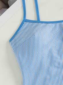 SHEIN Swim 夏季新款歐美風性感連身比基尼泳衣套裝，藍白條紋紋理布料，對比色細邊飾，高衩三角褲底，聚攏小胸，雙肩帶，甜美清新顯瘦連身泳衣，適合女性與女孩，溫泉海灘度假生日派對 - 藍色 - 查看 5