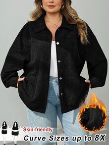 SHEIN CURVE+ Women's Plus Size Black Casual Jacket, Autumn/Winter Dinner Fall - Black - View 11