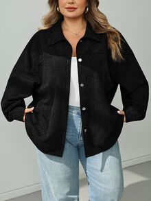 SHEIN CURVE+ Women's Plus Size Black Casual Jacket, Autumn/Winter Dinner Fall - Black - View 7