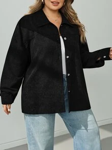 SHEIN CURVE+ Women's Plus Size Black Casual Jacket, Autumn/Winter Dinner Fall - Black - View 8