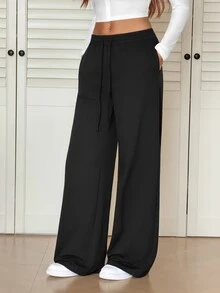 SHEIN Tall Comfortable Casual Solid Color Knit Wide Leg Women's Sweatpants, Cotton Blend, Comfortable - Black - View 4