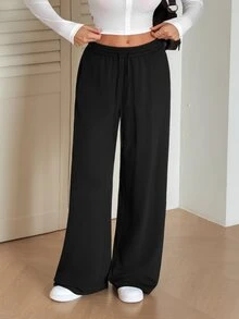 SHEIN Tall Comfortable Casual Solid Color Knit Wide Leg Women's Sweatpants, Cotton Blend, Comfortable - Black - View 7