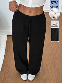 SHEIN Tall Comfortable Casual Solid Color Knit Wide Leg Women's Sweatpants, Cotton Blend, Comfortable - Black - View 1
