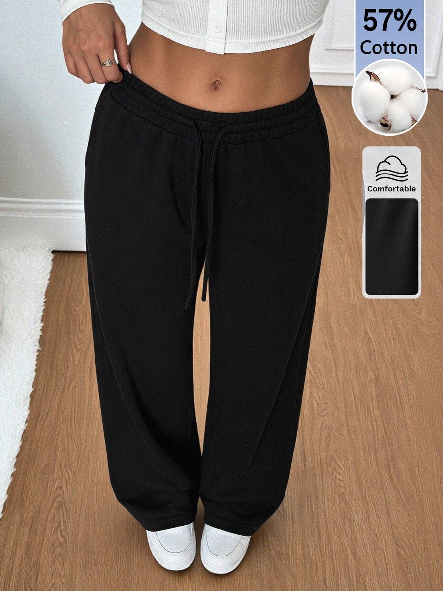 SHEIN Tall Comfortable Casual Solid Color Knit Wide Leg Women's Sweatpants, Cotton Blend, Comfortable - Black - View 1