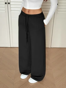 SHEIN Tall Comfortable Casual Solid Color Knit Wide Leg Women's Sweatpants, Cotton Blend, Comfortable - Black - View 8