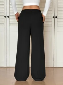 SHEIN Tall Comfortable Casual Solid Color Knit Wide Leg Women's Sweatpants, Cotton Blend, Comfortable - Black - View 2