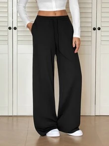 SHEIN Tall Comfortable Casual Solid Color Knit Wide Leg Women's Sweatpants, Cotton Blend, Comfortable - Black - View 5