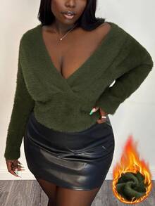 Selianne Sweater Kasual Warna Polos Berbulu untuk Musim Gugur/Dingin - Hijau Tentara - View 1