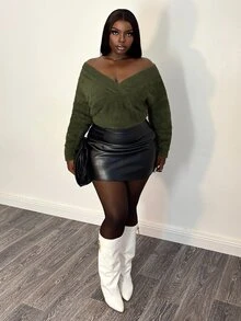Selianne Sweater Kasual Warna Polos Berbulu untuk Musim Gugur/Dingin - Hijau Tentara - View 4