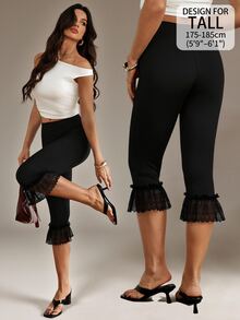 SHEIN Tall Celana Panjang Wanita Kasual Serbaguna dengan Motif Renda dan Patchwork untuk Pemakaian Sehari-hari - Hitam - View 1