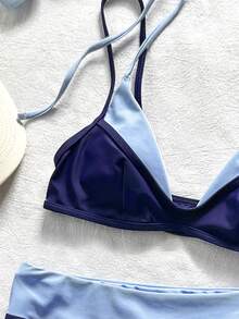 SHEIN Swim 2件組女款比基尼泳衣，藍黃圖案波點條紋泳褲，適合波希米亞風度假 - 藏蓝色 - 查看 7
