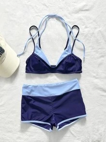 SHEIN Swim 2件組女款比基尼泳衣，藍黃圖案波點條紋泳褲，適合波希米亞風度假 - 藏蓝色 - 查看 5