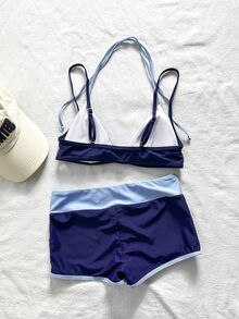 SHEIN Swim 2件組女款比基尼泳衣，藍黃圖案波點條紋泳褲，適合波希米亞風度假 - 藏蓝色 - 查看 6