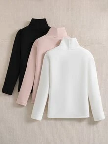 SHEIN Sparklyn 青少年女孩秋季上衣 秋冬加厚保暖休閒百搭日常穿搭層次感高領羅紋抓絨布料純色C... - 彩色 - 查看 3