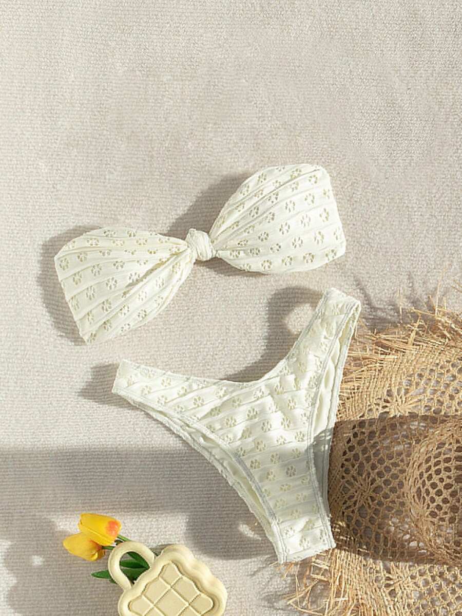 SHEIN Swim Summer Women's Textured Halter Neck Bikini Set - Beige - View 1