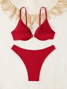 SHEIN Swim 春夏新款黃色鋼圈比基尼性感女款泳衣，適合海灘度假約會，清新可愛甜美泳裝 - 紅色 - 查看 6