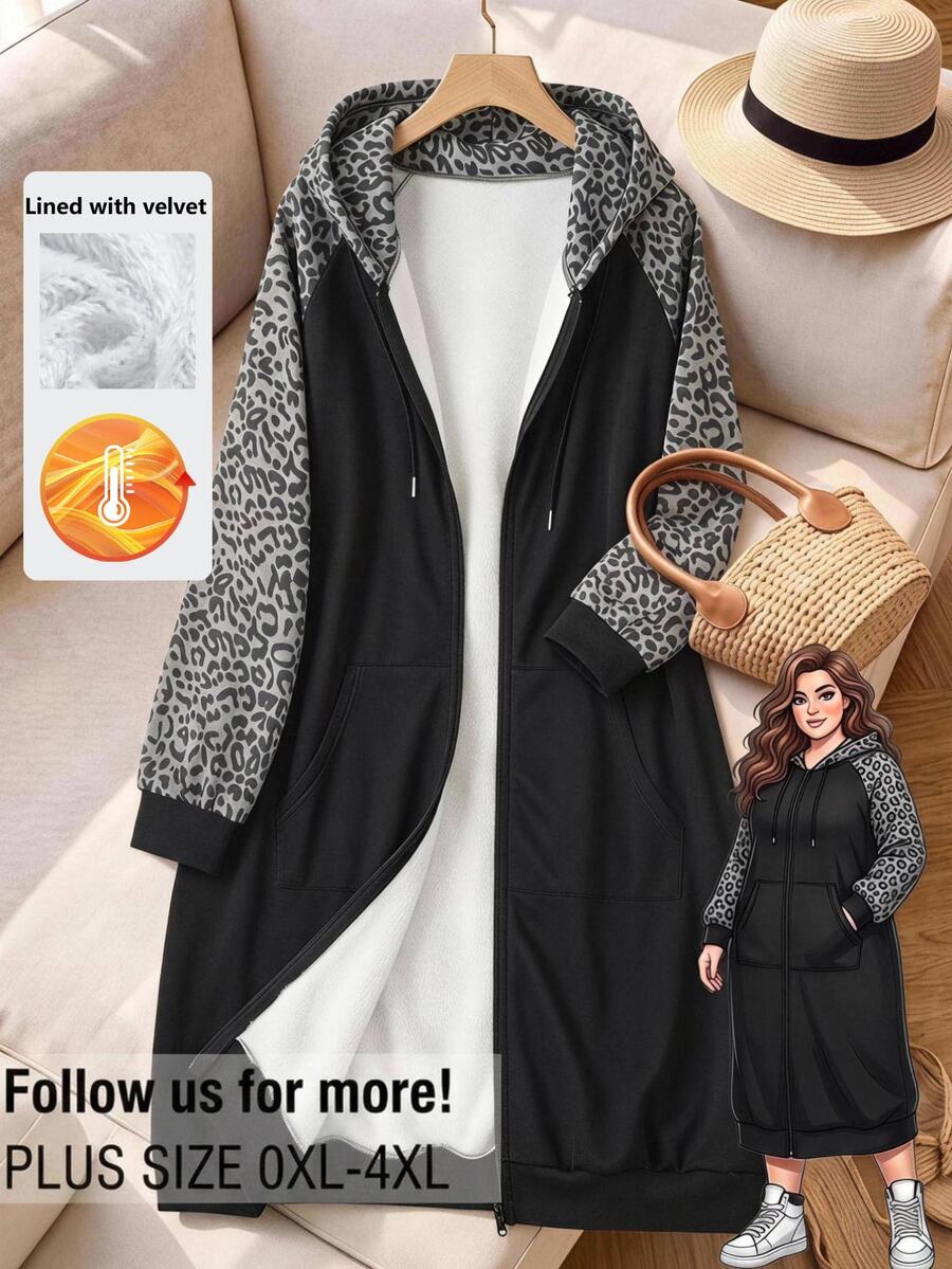 Rusticease Plus Size Women's Leopard Print Patchwork Casual Everyday Sweatshirt - Black - View 1