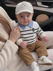 SHEIN 男嬰休閒舒適百搭條紋假領衛衣與長褲套裝，適合秋冬穿著 - 彩色 - 查看 9