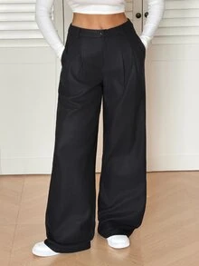 SHEIN Tall Old Money 風性感休閒商務休閒高腰百褶寬腿褲－優雅純色寬鬆長褲 辦公通勤 黑色 素色 秋季 - 黑色 - 查看 7