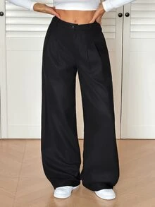 SHEIN Tall Old Money 風性感休閒商務休閒高腰百褶寬腿褲－優雅純色寬鬆長褲 辦公通勤 黑色 素色 秋季 - 黑色 - 查看 5