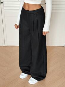 SHEIN Tall Old Money 風性感休閒商務休閒高腰百褶寬腿褲－優雅純色寬鬆長褲 辦公通勤 黑色 素色 秋季 - 黑色 - 查看 6