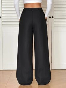 SHEIN Tall Old Money 風性感休閒商務休閒高腰百褶寬腿褲－優雅純色寬鬆長褲 辦公通勤 黑色 素色 秋季 - 黑色 - 查看 2