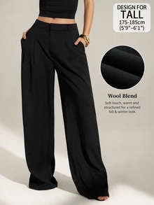 SHEIN Tall Old Money 風性感休閒商務休閒高腰百褶寬腿褲－優雅純色寬鬆長褲 辦公通勤 黑色 素色 秋季 - 黑色 - 查看 1