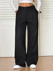 SHEIN Tall Old Money 風性感休閒商務休閒高腰百褶寬腿褲－優雅純色寬鬆長褲 辦公通勤 黑色 素色 秋季 - 黑色 - 查看 3