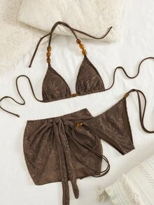 Swim Vcay 3pcs/Set Casual Beaded Halter Backless Bikini Set With Drawstring Triangle Top And Tie-Up Mini Skirt, Summer Vacation Beach Vacation Brown - Coffee Brown - View 1