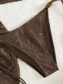 Swim Vcay 3pcs/Set Casual Beaded Halter Backless Bikini Set With Drawstring Triangle Top And Tie-Up Mini Skirt, Summer Vacation Beach Vacation Brown - Coffee Brown - View 4