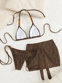 Swim Vcay 3pcs/Set Casual Beaded Halter Backless Bikini Set With Drawstring Triangle Top And Tie-Up Mini Skirt, Summer Vacation Beach Vacation Brown - Coffee Brown - View 3