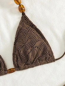 Swim Vcay 3pcs/Set Casual Beaded Halter Backless Bikini Set With Drawstring Triangle Top And Tie-Up Mini Skirt, Summer Vacation Beach Vacation Brown - Coffee Brown - View 2