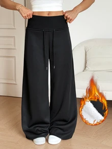 SHEIN Tall Women's Solid Color Drawstring Waist Wide Leg Loose Athletic Pants - Black - View 9