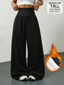 SHEIN Tall Women's Solid Color Drawstring Waist Wide Leg Loose Athletic Pants - Black - View 1