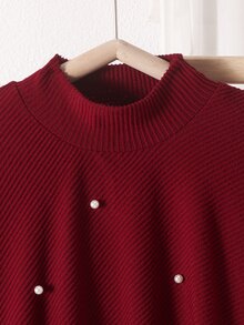 SHEIN Elladie kids Tween女孩 春/秋/冬休閒T恤套裝，不對稱設計套頭高領針織羅紋刷毛布料卡其色純色長袖T恤上衣，搭配卡其色休閒喇叭褲，2件套裝，適合春/秋/冬返校季，優雅女士極簡通勤高端穿搭，適用日常上學、外出、度假與派對 - 酒紅色 - 查看 5