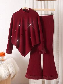 SHEIN Elladie kids Tween女孩 春/秋/冬休閒T恤套裝，不對稱設計套頭高領針織羅紋刷毛布料卡其色純色長袖T恤上衣，搭配卡其色休閒喇叭褲，2件套裝，適合春/秋/冬返校季，優雅女士極簡通勤高端穿搭，適用日常上學、外出、度假與派對 - 酒紅色 - 查看 3