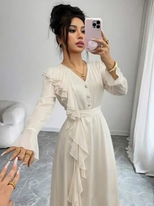 Elenzga 女款V領長袖拼接荷葉邊優雅洋裝 - 杏色 - 查看 4