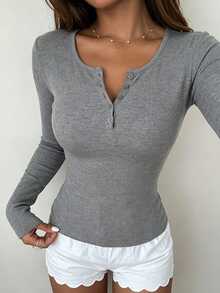 Livesso Women's Round Neck Long Sleeve Button-Up Grey Solid Color Slim Fit Ribbed Knit Cropped T-Shirt Autumn Everyday Home Casual Basic - Grey - View 4