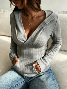 Livesso Women's Solid Color Hooded Casual Sexy Versatile Daily Long Sleeve Sweatshirt Hoodies Fall Going Out Everyday Home Light Grey - Grey - View 3
