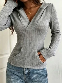 Livesso Women's Solid Color Hooded Casual Sexy Versatile Daily Long Sleeve Sweatshirt Hoodies Fall Going Out Everyday Home Light Grey - Grey - View 4