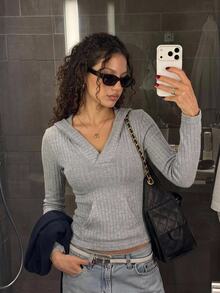 Livesso Women's Solid Color Hooded Casual Sexy Versatile Daily Long Sleeve Sweatshirt Hoodies Fall Going Out Everyday Home Light Grey - Grey - View 6