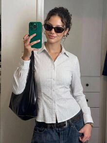 Livesso 女款黑白條紋純棉長袖蕾絲荷葉邊鈕扣修身收腰襯衫，秋季辦公早午餐法式風 - 白色 - 查看 9